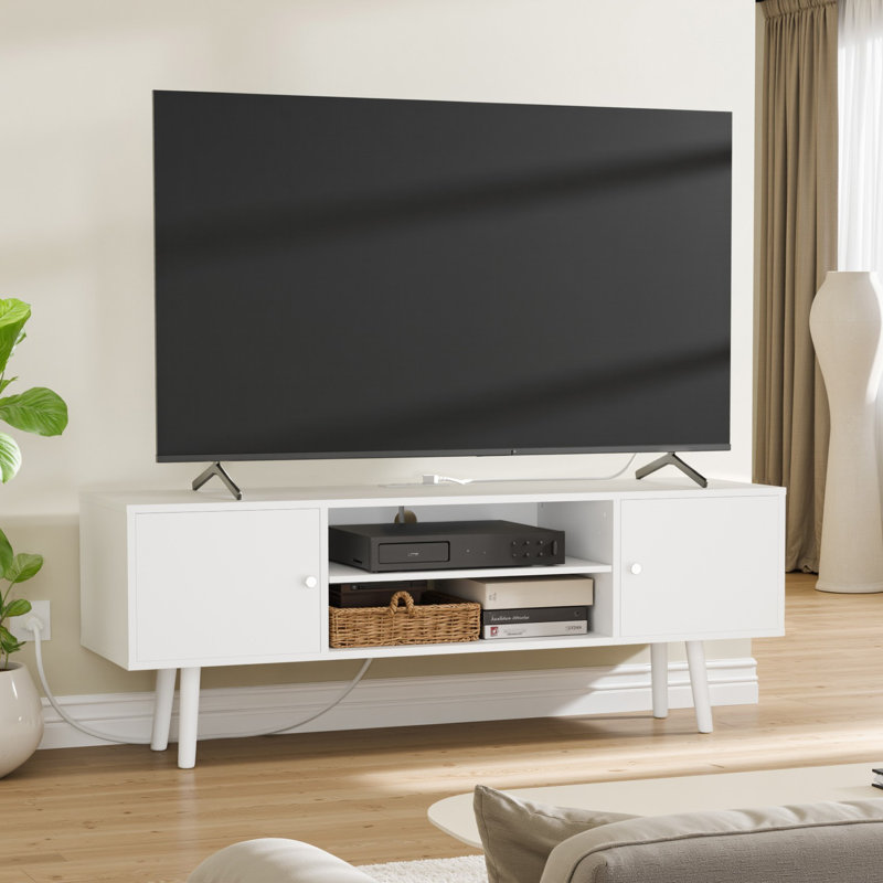 Jakerra 53" TV Stand, Modern Entertainment Center with Power Outlets and Adjustable Shelf, White, 19.7"H x 15.7"L x 53.1"W