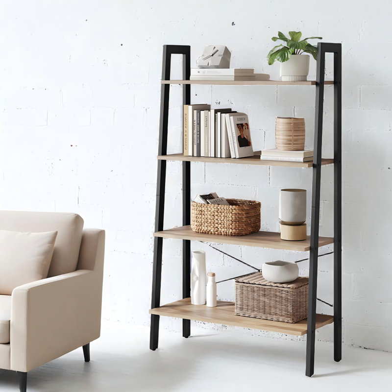 4-Tier Bookshelf, Storage Rack, Bookcase With Steel Frame, Black/Natural