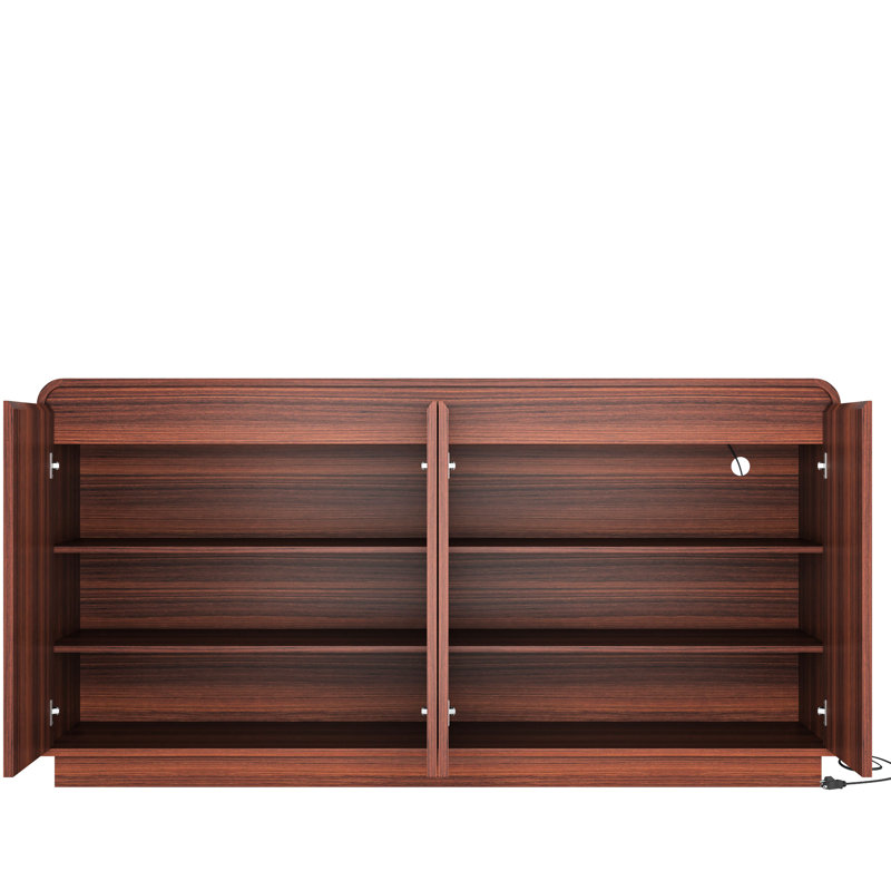 Multifonctionnel, noyer, meuble télé cannelé 4 portes, prise de courant intégrée, 3 tablettes réglables, espaces de divertissement, espaces de salle à manger