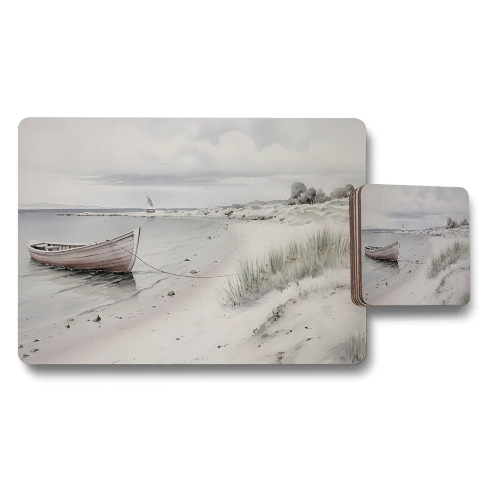 Beach Scene Boat On Shore Watercolor Placemat And Coaster Set