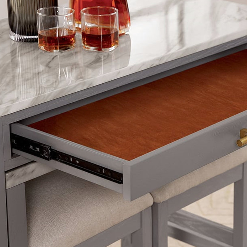 Ensemble de salle à manger rectangulaire de style comptoir avec dessus en faux marbre - Table, tiroir et 4 tabourets pour une ambiance chaleureuse et confortable (5 pièces).