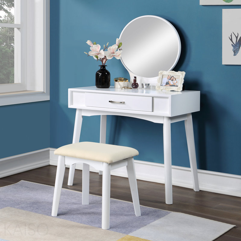 Contemporary Wood Vanity And Stool Set, White, White
