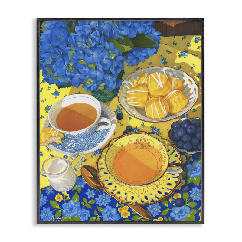 Art du thé bleu et jaune par Mardell Schuster, Giclée encadrée noir minuit, H 20 po x l 16 po