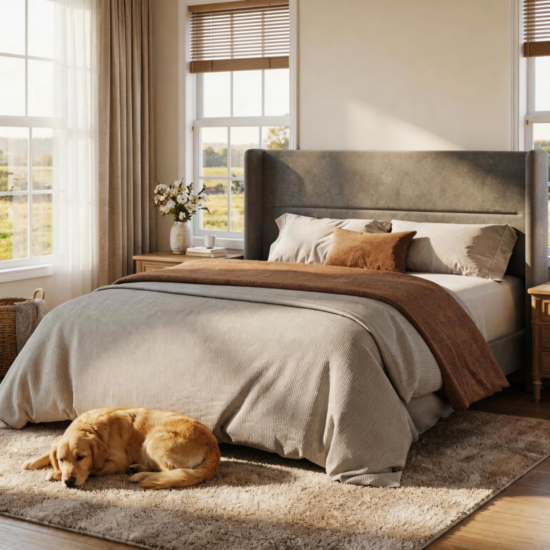 Full Size Bed Frame with Wingback Headboard, Velvet Upholstered Platform Bed Frame with Sturdy Wooden Slats Support, No Box Spring Needed, Easy Assembly, Grey