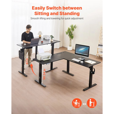 Bureau en L en forme de L, bureau de jeu de coin électrique à hauteur réglable avec crochets et roulettes doubles, table d'ordinateur en L robuste en acier au carbone avec multiprise pour bureau personnel, facile à assembler, noir