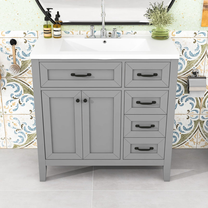 Meuble-lavabo simple 36 po avec plateau en céramique Nikan, Gris