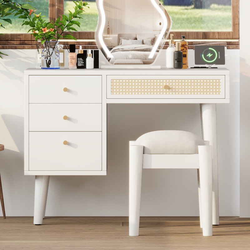 Coiffeuse de maquillage avec tabouret, port USB, Blanc
