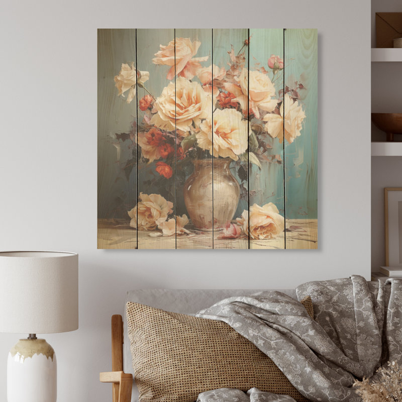 Magnifique bouquet de roses I - Roses, art sur bois de pin naturel, H 36 po x l 36 po