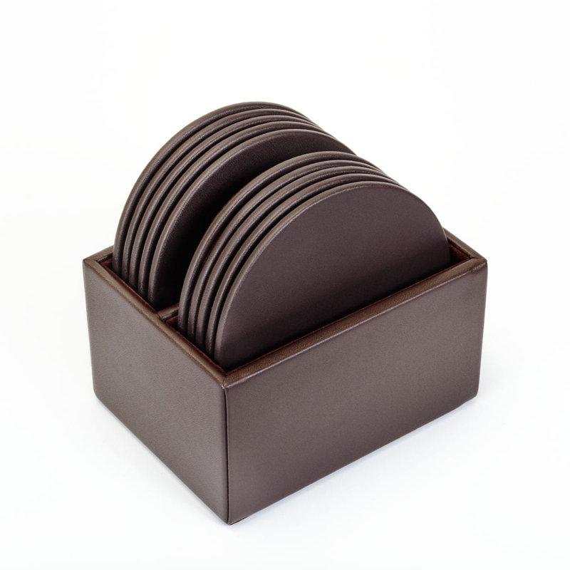 Leather Round 10 Piece Coaster Set, Brown