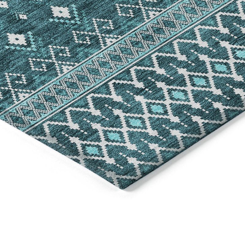 3' X 5' Teal Blue Aqua And Ivory Tribal Washable Indoor Outdoor Area Rug