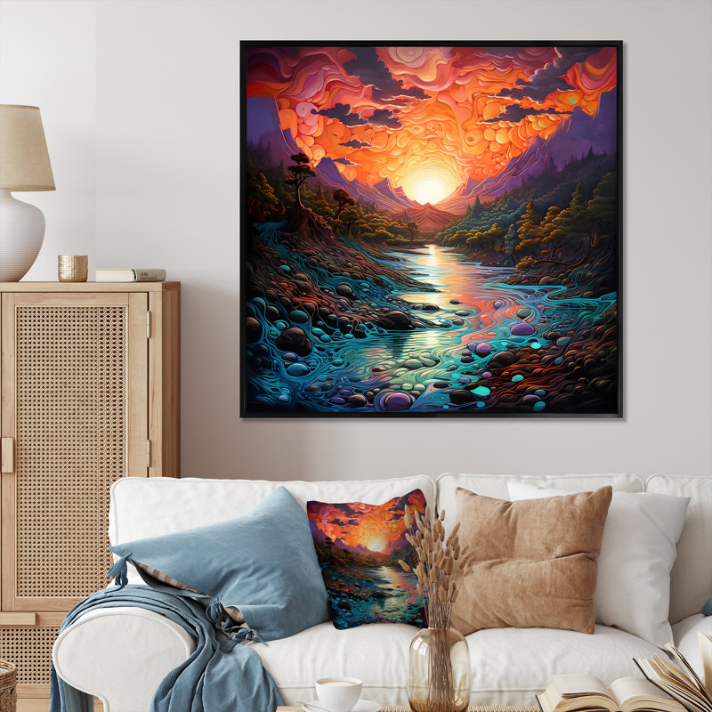 Coucher de soleil sur une rivière de montagne sur toile, 16" H x 16" W, Cadre flottant noir