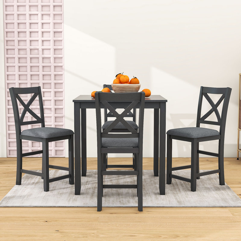 Jerimie 5 - Piece Dining Set, Square Counter Height Wood Table and 4 Upholstered Chairs, Gray, Gray/Gray