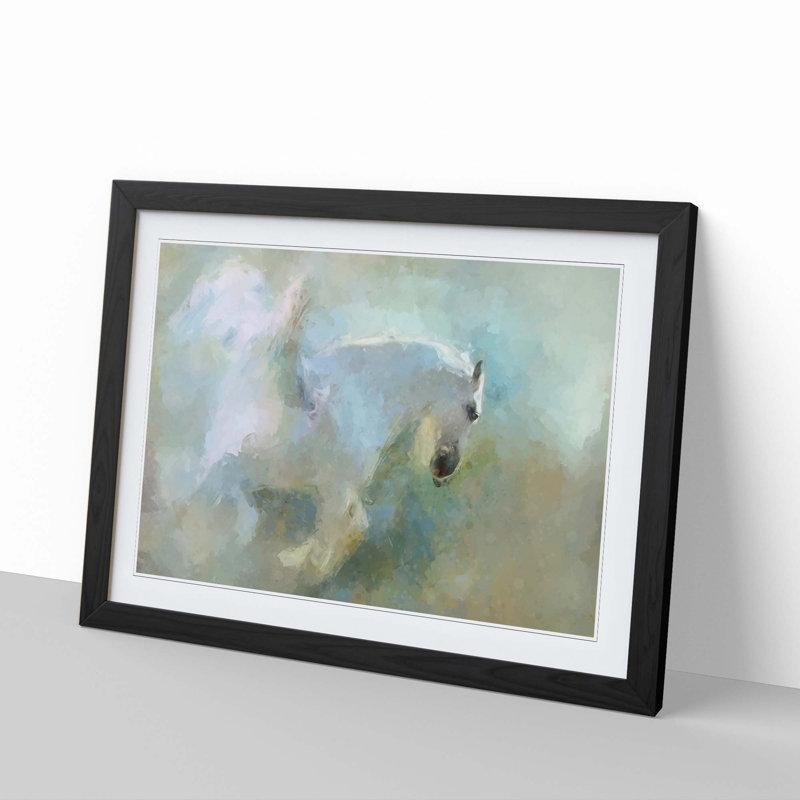 White Pegasus Horse in Flight in Abstract - Picture Frame Painting Print, Black, 40cm H x 60cm W x 2cm D