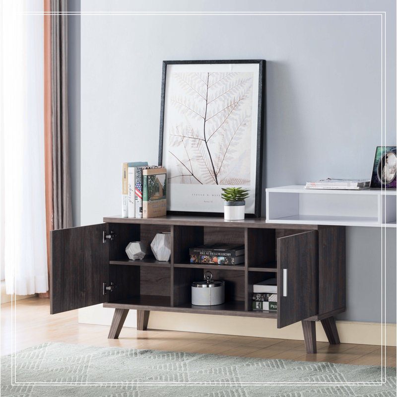 Home Entryway Console Table with Multi- Storage Compartments, Display Cabinet, Hazelnut and White