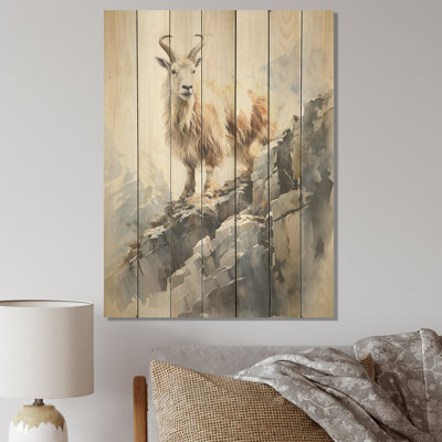 Impression de montagne de chèvre minimaliste I - animal de chèvre sur bois