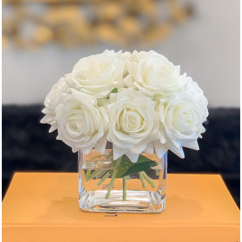 Real Touch Rose Arrangement In Square Glass Vase, Blush Pink