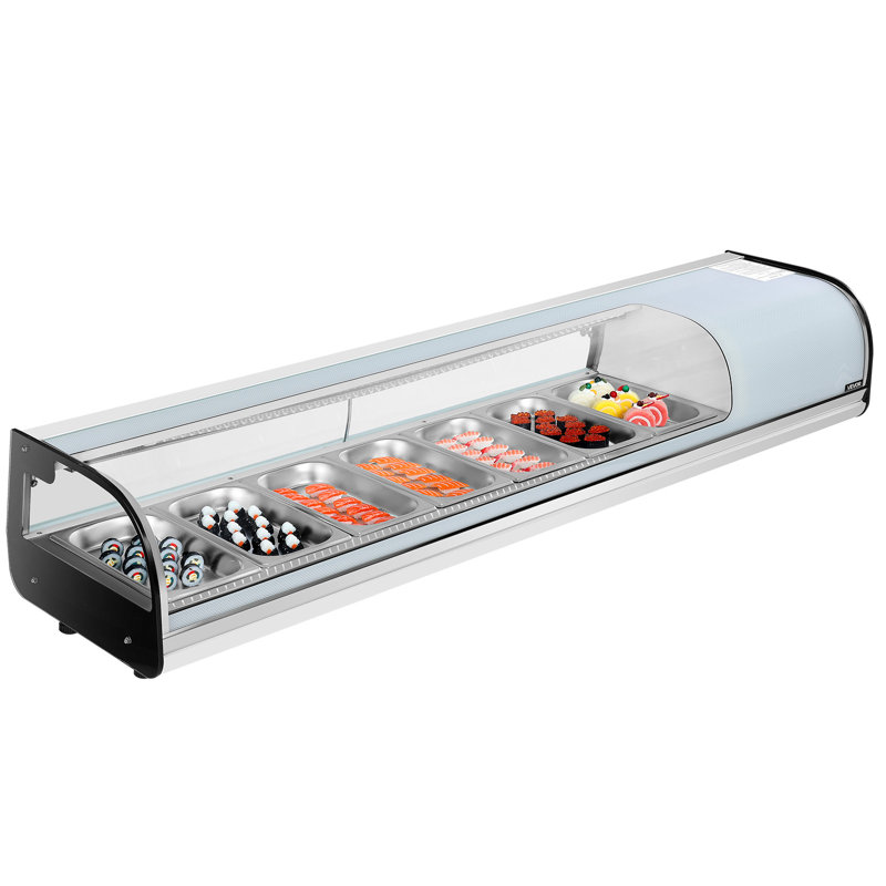 Sushi Display Case Refrigerator, 2.5 Cu.ft Commercial Sushi Case, 7-Pan Countertop  Showcase with Curved Glass, LED Lighting, and Digital Temperature Control, for Sushi-Bar, Restaurant, Store
