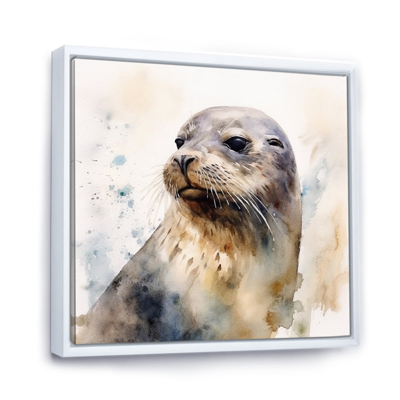 Curieux otarie II sur toile, H 16 po x l 16 po x P 1 po, Cadre flottant blanc