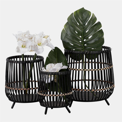 S/3 BAMBOO FOOTED PLANTERS 17/14/10", BLACK