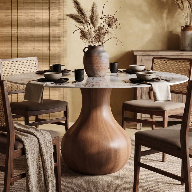 Mid-Century Modern Farmhouse Round Sintered Stone Pedestal Otelia For 4/6/8/10, 29.5"H x 47"L x 47"W, Amber