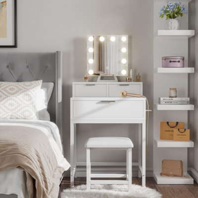 Small White Vanity Desk With Hollywood Mirror And Lights, Girls Makeup Vanity Set With Stool, Compact Make Up Table With Drawers And Outlet For Bedroo by Latitude Run