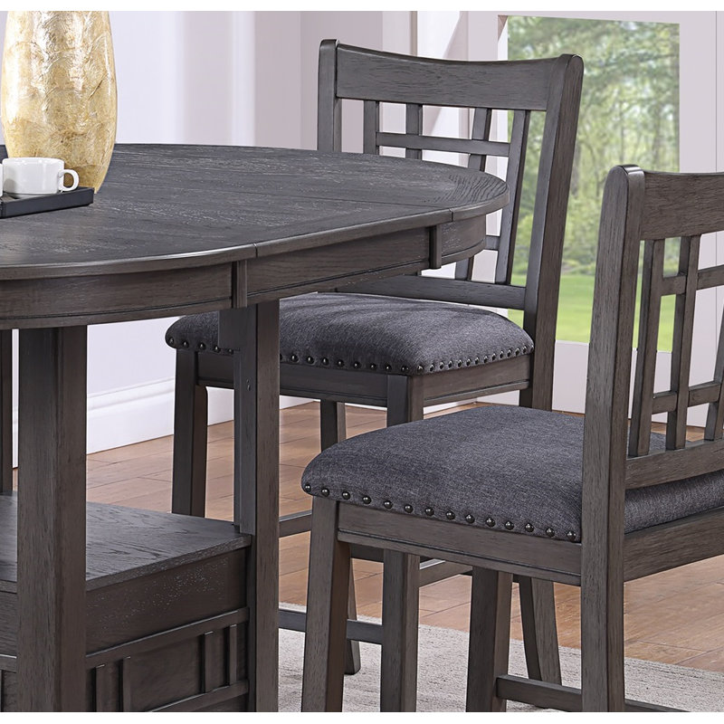 Contemporary Dining Room Counter Height 5pc Dining Set Round Table w Leaf And 4x Side Chairs Solid wood, Beige, Gray