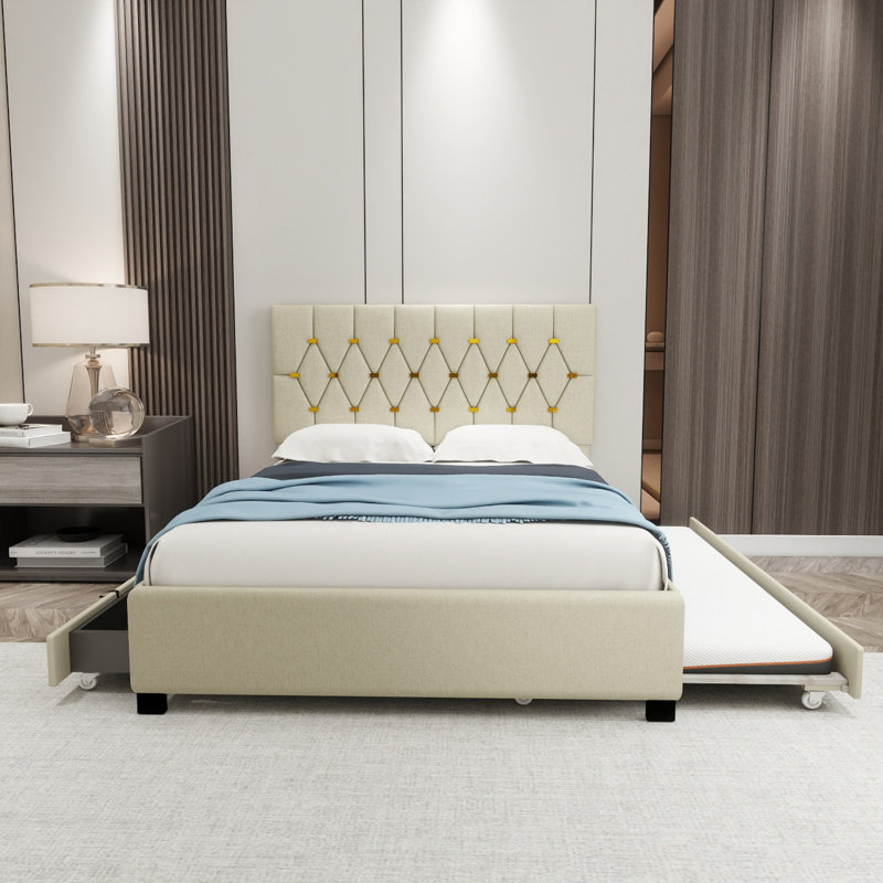 Lit moderne avec tiroirs de rangement, Beige