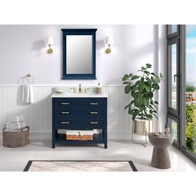 Meuble-lavabo simple 36 po Manhattan avec plateau en marbre de Carrare, pré-assemblé