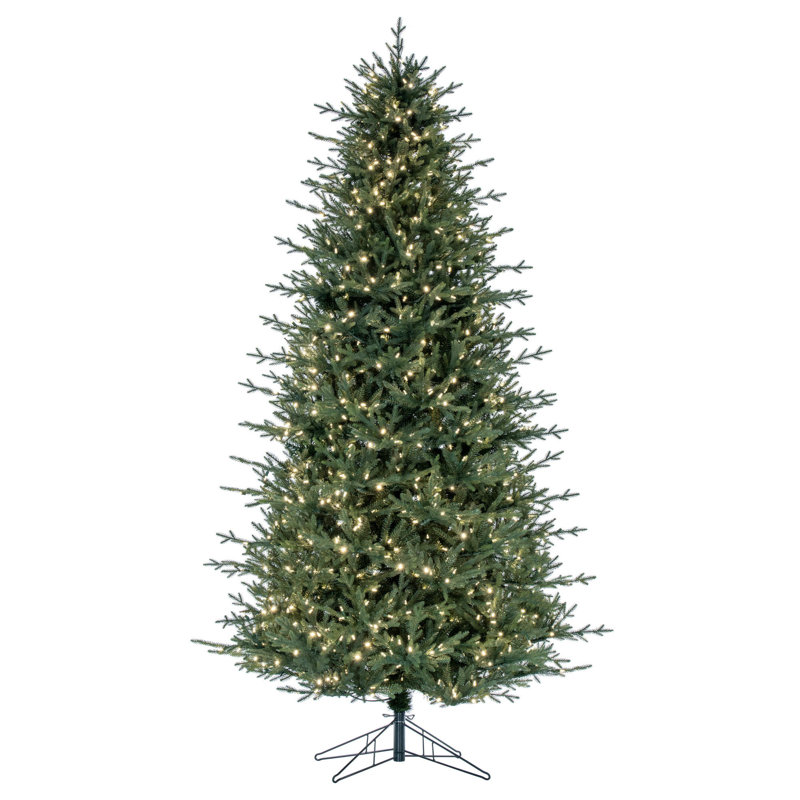 Vickerman 9.5' x 60" Slim Itasca Fraser Fir Artificial Pre-Lit Christmas Tree with 1050 Warm White LED Mini Lights, 3076 Realistic PE/PVC Tips, 6' Step On/Off Power Cord and Folding Metal Tree Stand. Assembly is required.
