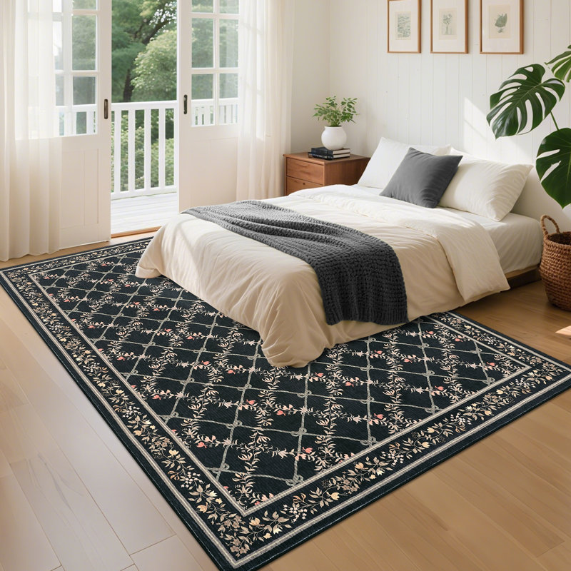 Modern Machine Washable Area Rugs Diamond Floor Mats with Non-Slip Backing, Non-Shedding Floral Print Accent Rug, Foldable Soft Low Pile Indoor Carpet