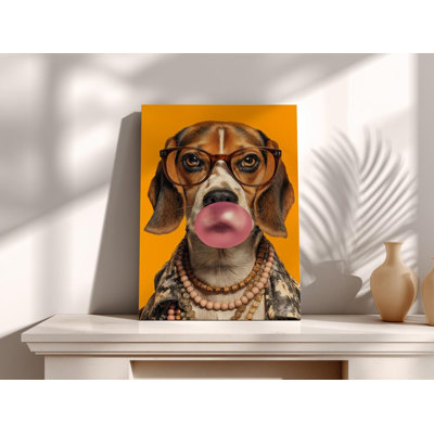 Hipster beagle avec toile gomme à bulles, art mural chien amusant, portrait animalier excentrique avec des lunettes pour la maison éclectique et la décoration de chambre d'enfant