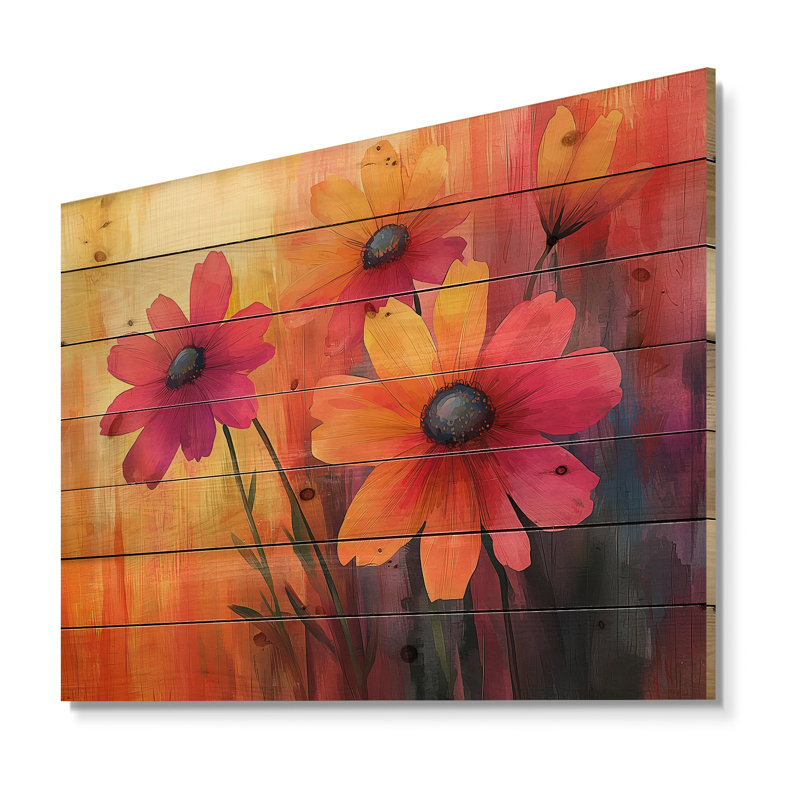 Orange Dancing Among The Wildflowers I - Wildflowers Wood Wall Decor - On Natural Pine Wood, 34" H x 44" W x 0.78" D