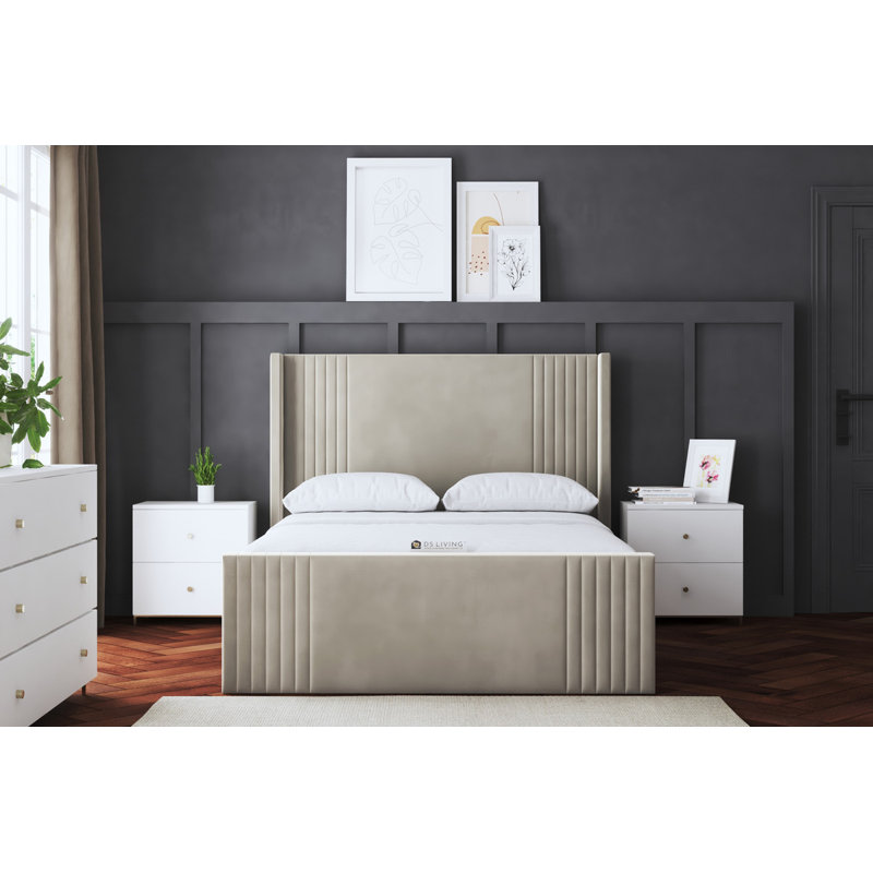 Elara Winged Ottoman Panel Bed with Headboard, Double (4'6), Beige