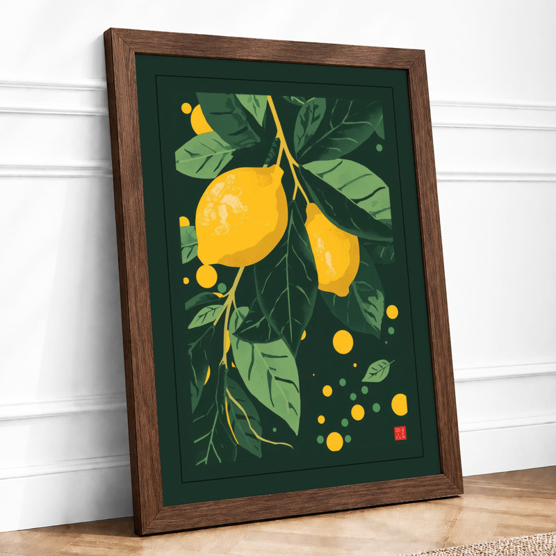 Lemons and Foliage Botanical - Framed Print, A4 - 29.7 x 21.0 cm, Walnut