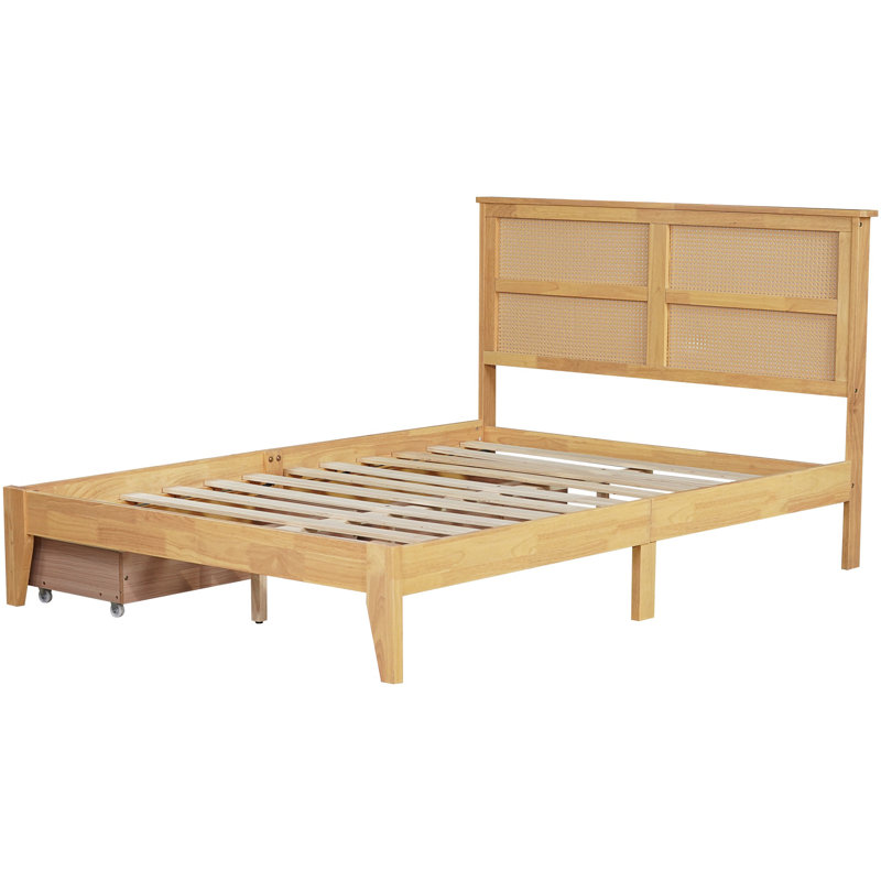 Oak White Full Bed Frame with Woven Rattan Headboard and 2 Drawers, Solid Wood Platform Bed Support, Oak White