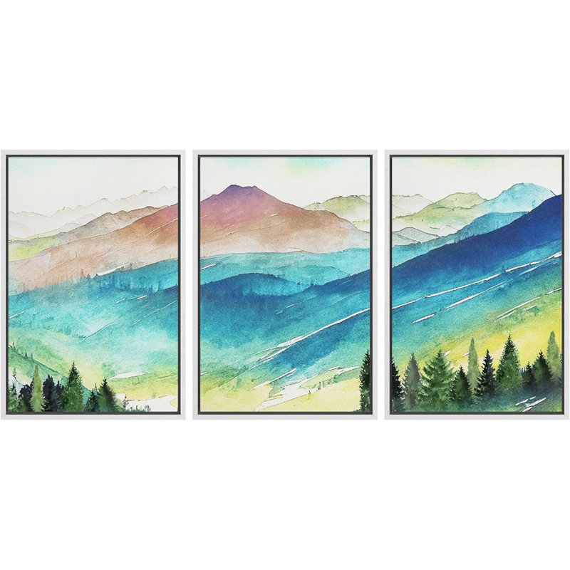 "Woodland Forest Landscape" sarcelle, bleu et vert, chaîne de montagnes, forêt de pin encadrée sur toile, 3 pièces, Blanc