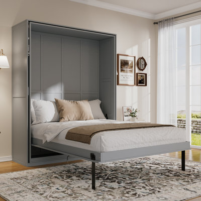 Queen Murphy Bed with Rotating Wall Bed & Hidden Storage Racks, Space‑Saving Multifunctional Bed for Small Rooms & Home Office, Gray
