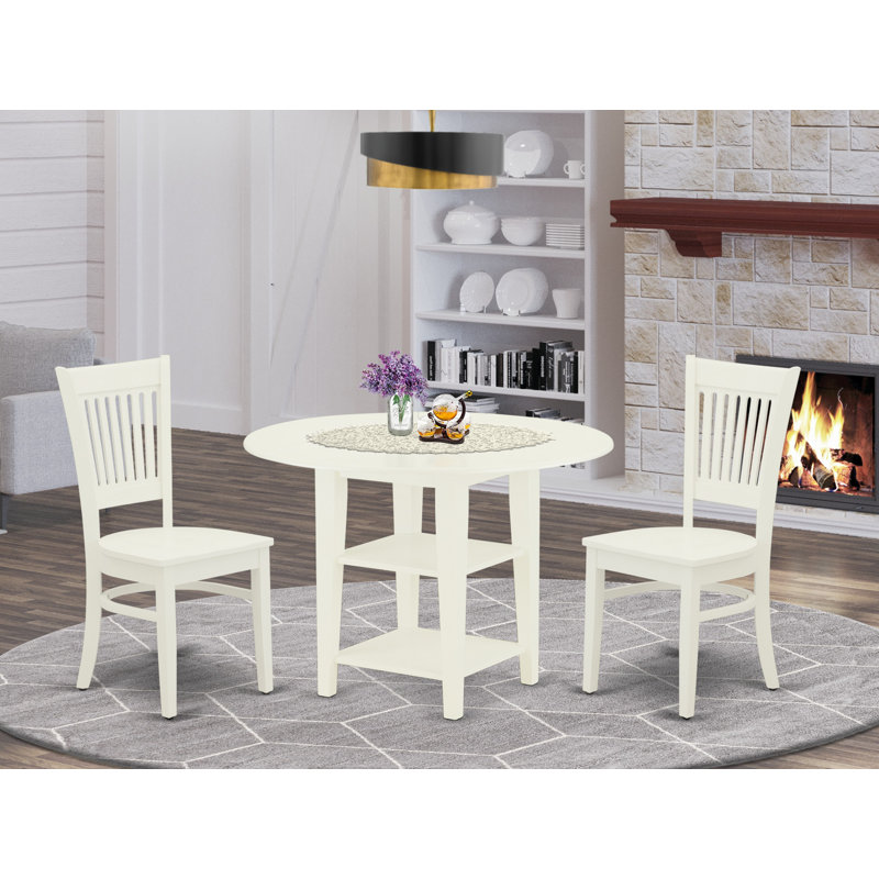 Ensemble de table de salle à manger 3 pièces pour petits espaces comprenant une table de salle à manger ronde avec Dropleaf et tablettes et 2 chaises en bois, lin blanc