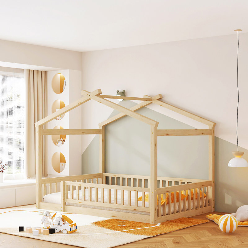 Wood Bed House Bed Frame With Fence, For Kids, Teens, Girls, Boys, Natural, Full