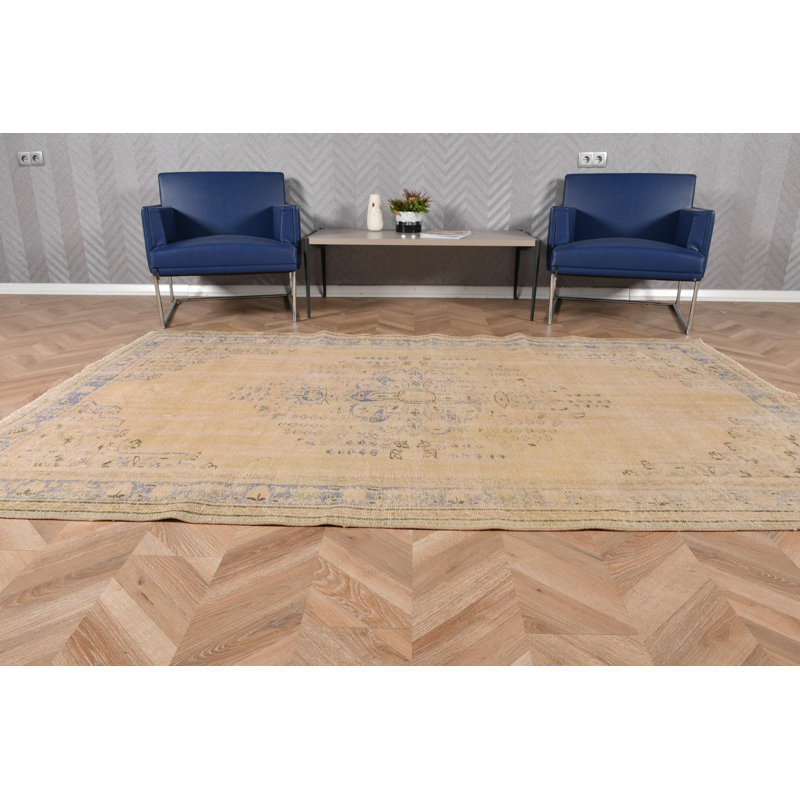 Grand tapis turc beige Anatolian rétro avec un motif tribal en laine Oushak, idéal pour le salon