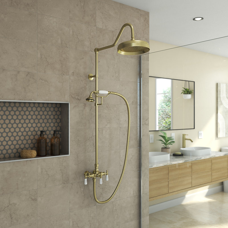 Abbey 10 x 34 1/2 Shower Faucet Set with Handshower, Brushed Brass, Brushed Brass