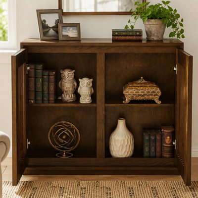 Mid Century Modern Fluted Sideboard Cabinet with Hollowed Out Design, Walnut Wood Buffet with Storage and 2 Outlet Holes for Living Room, Entryway, Hallway, Dining Room, Kitchen