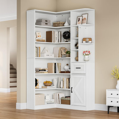 6-Tier Book Shelf with Drawer and Cabinets 74'' Tall Corner Bookshelf - L-Shaped Bookcase Open Storage Shelves Modern Display Shelf for Home, Office