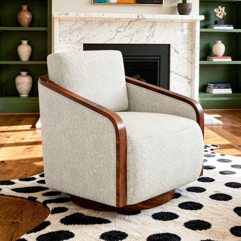 Upholstered Farmhouse Edging Swivel Barrel Chair With Toss Pillows, Beige Brown