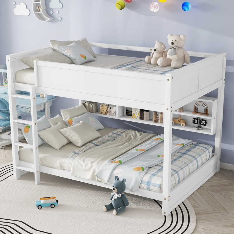 Queen Bunk Bed With Charging Station & Large Storage Cabinets, White