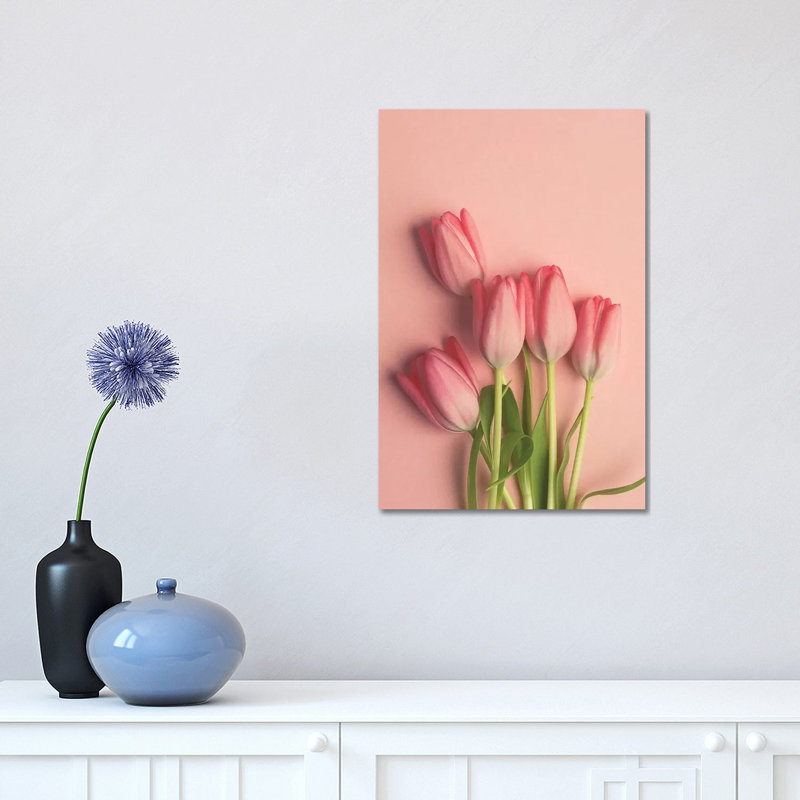 Pink Tulips on Pink 1 Piece Wrapped Canvas Wall Art, 30.48 cm H x 45.72 cm W