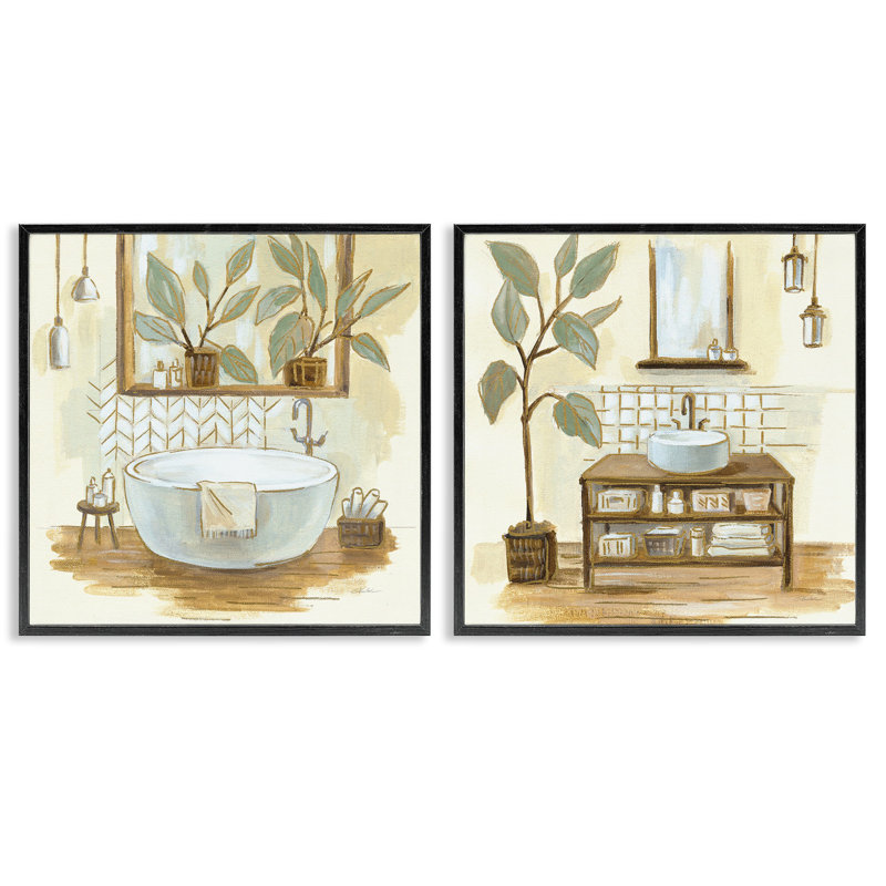 Plantes traditionnelles de salle de bain vert sauge, Giclée encadrée noir minuit, H 12 po x l 12 po