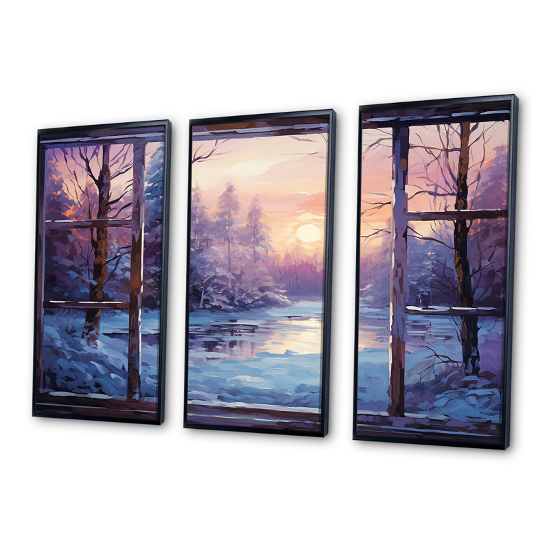 «Purple River Winter Windows II - Winter Landscape», art mural, Cadre flottant noir, H 28 po x l 36 po x P 1 po
