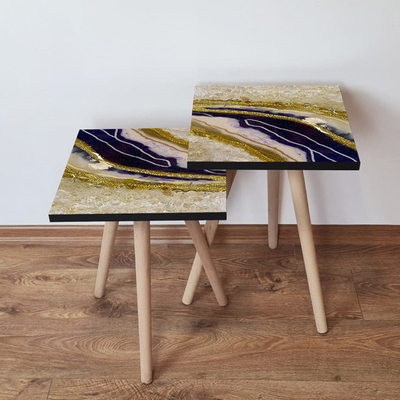 Ensemble de 2 tables gigognes élégantes en marbre, conception abstraite, 13,8 x 18,5 x 13,8 pouces et 13,8 x 16,5 x 13,8 pouces | 100% panneau de fibres à densité moyenne avec des pieds en bois de hêtre, robuste et élégant pour le salon, décoration intérieure moderne