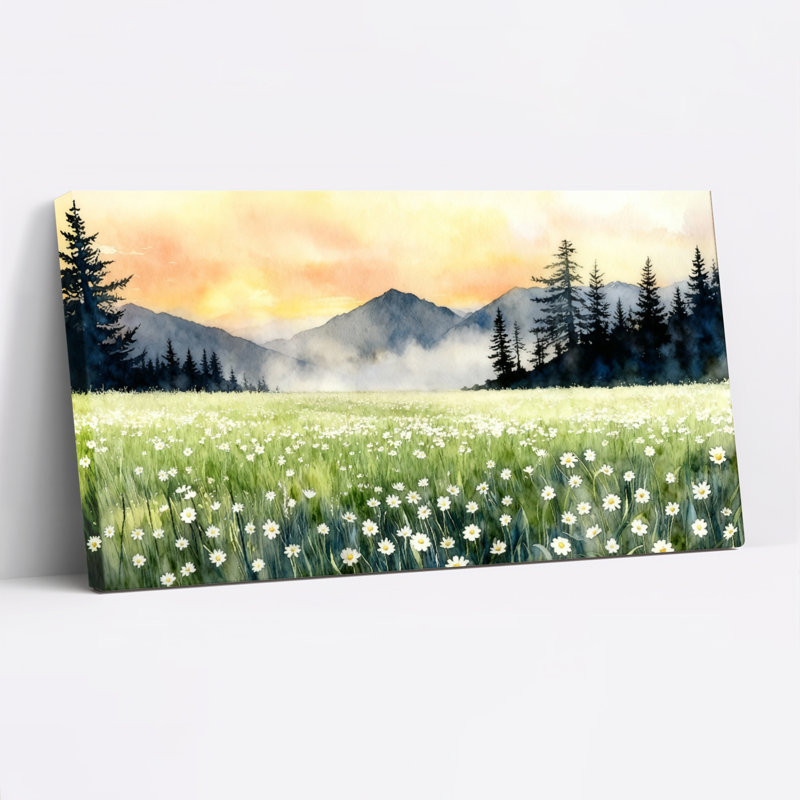 «Mountain Meadow With Daisies», reproduction d'art sur toile tendue sur toile, ensemble de 1, H 12 po x l 36 po
